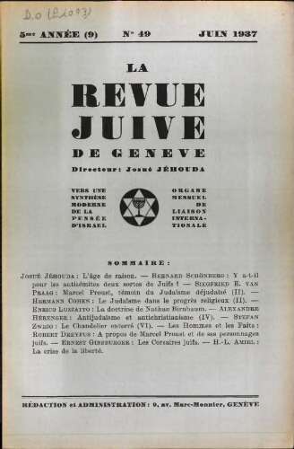 La Revue Juive de Genève. Vol. 5 n° 9 fasc. 49 (juin 1937)